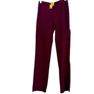 Revel Premium Stretch Burgundy Scrub Pants XS Elastic Waist Yellow Drawstring Po